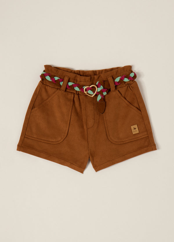 Shorts marroni con cintura intrecciata per bambina