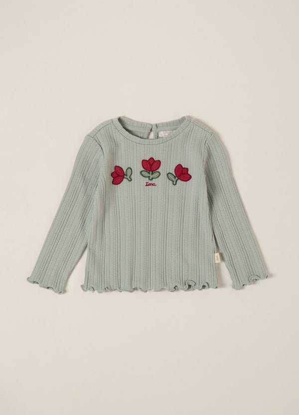 T-shirt a maniche lunghe verde con fiori ricamati