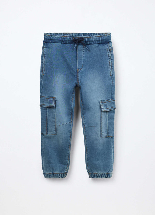 Jeans cargo pullo on in denim mercerizzato bambino