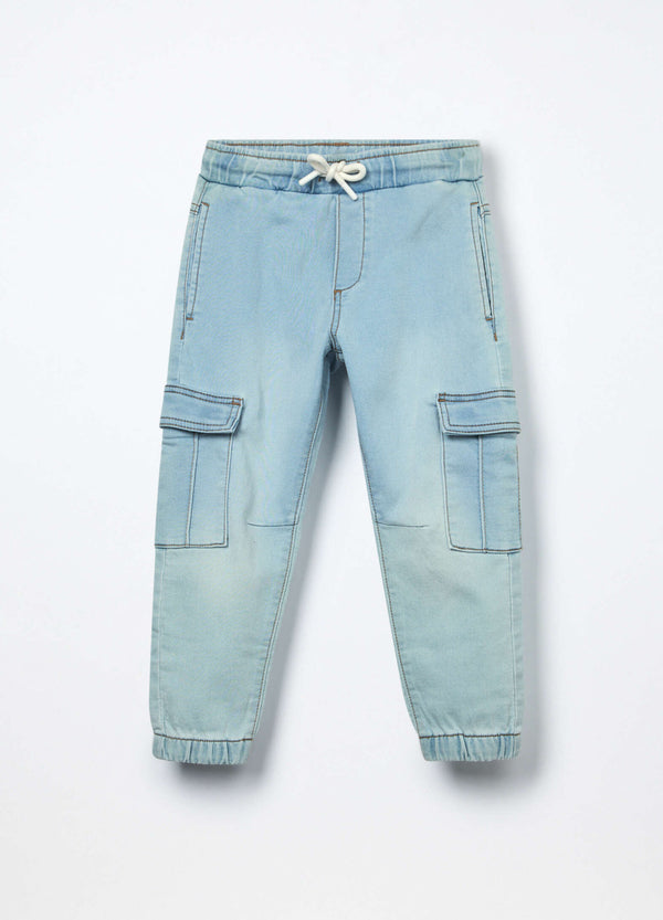 Jeans cargo pullo on in denim mercerizzato bambino