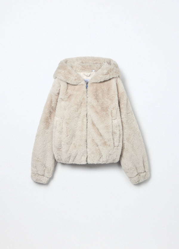 Giacca in eco fur con cappuccio ragazza
