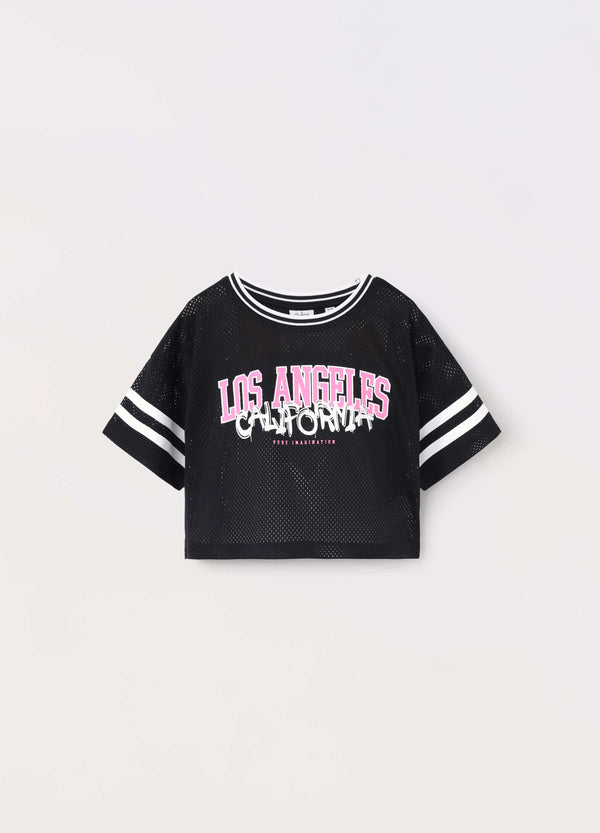 T-shirt mesh con stampa ragazza