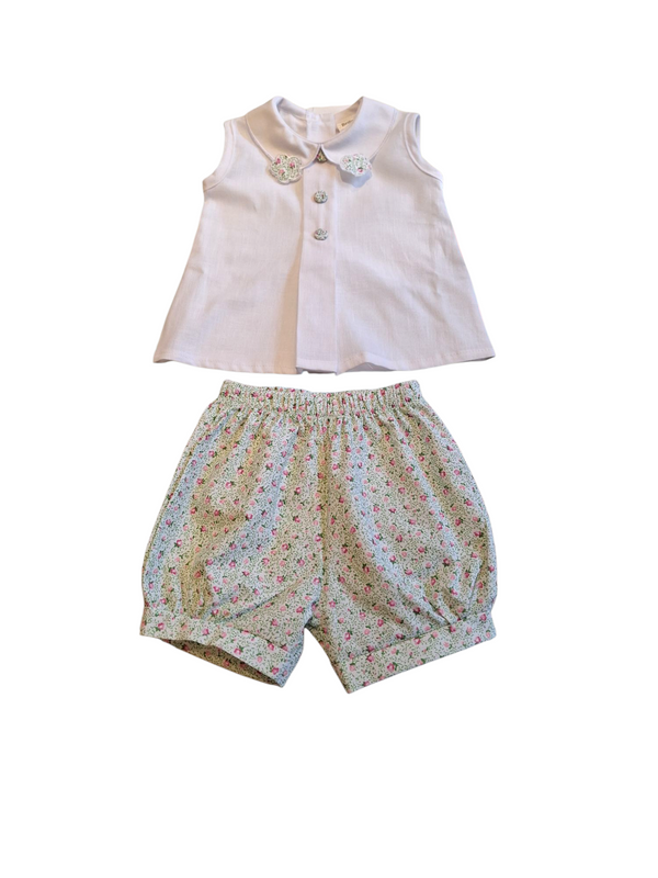 Completo con finta camicia+shorts a fiorellini