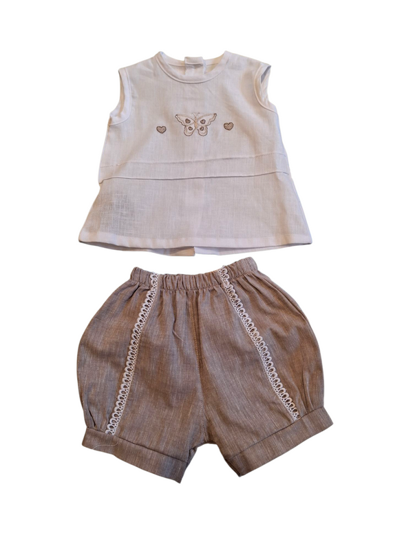 Completo misto lino con ricamo farfalla